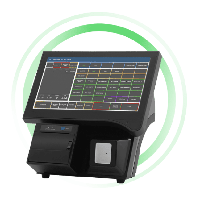 Touchscreen POS register terminal on a white background with green halo.