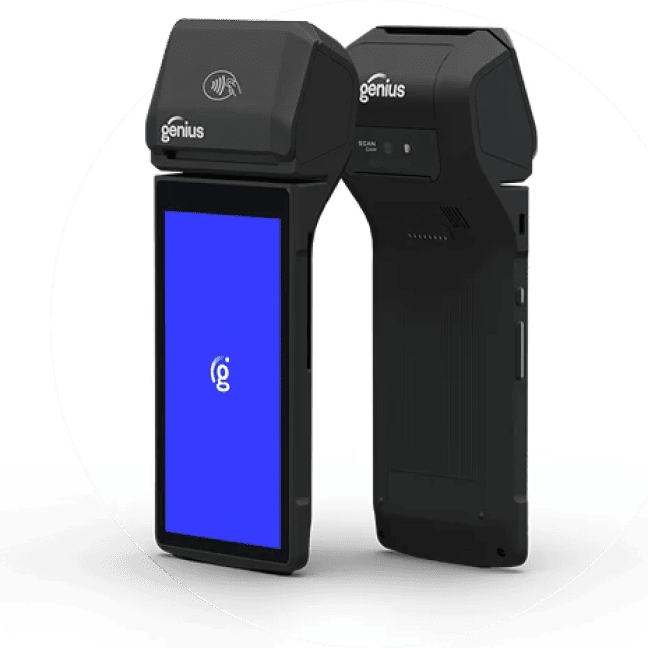 Two Genius smart POS payment devices showing the touchscreen front and rear casing.