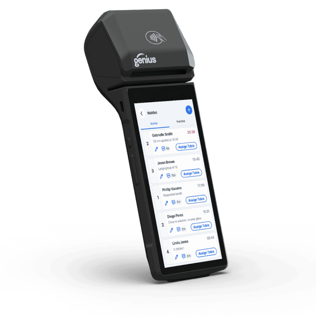 Genius smart card reader showing a digital waitlist and table assignment screen.
