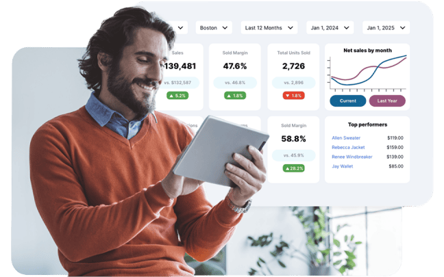 Man using a digital tablet next to sales metrics and analytics graphs. 