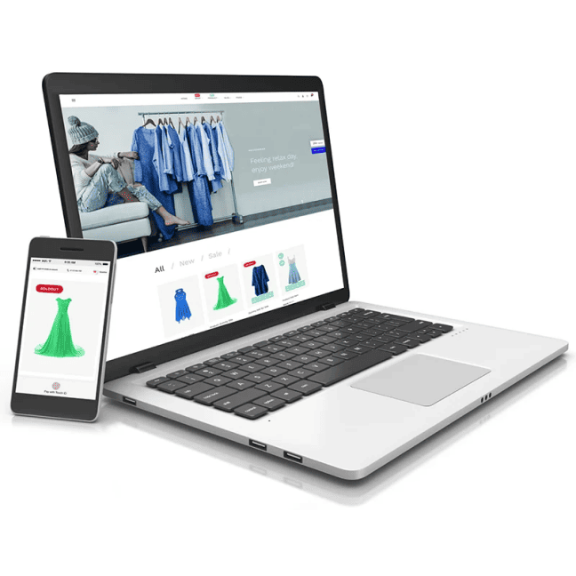 A smartphone rests against an open laptop, both showing an online clothing store.