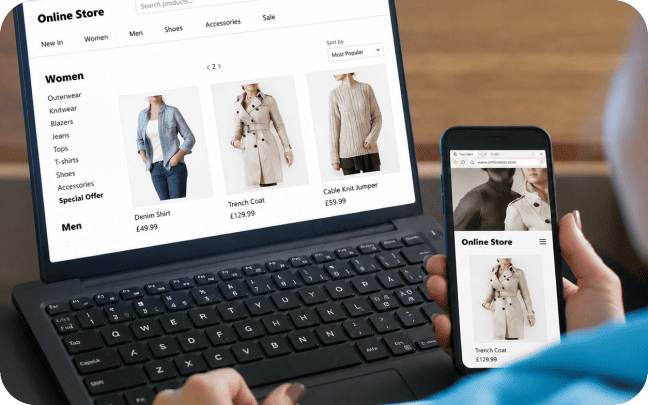 Laptop screen and smartphone showing a responsive online clothing shop website.