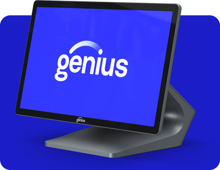 Genius POS touchscreen terminal mounted on a countertop stand.