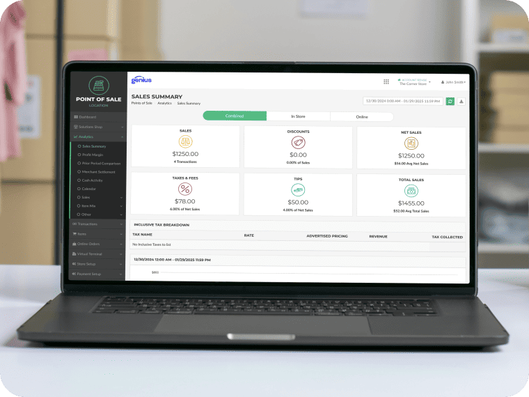 Laptop screen showing a point-of-sale sales summary report with metrics. 