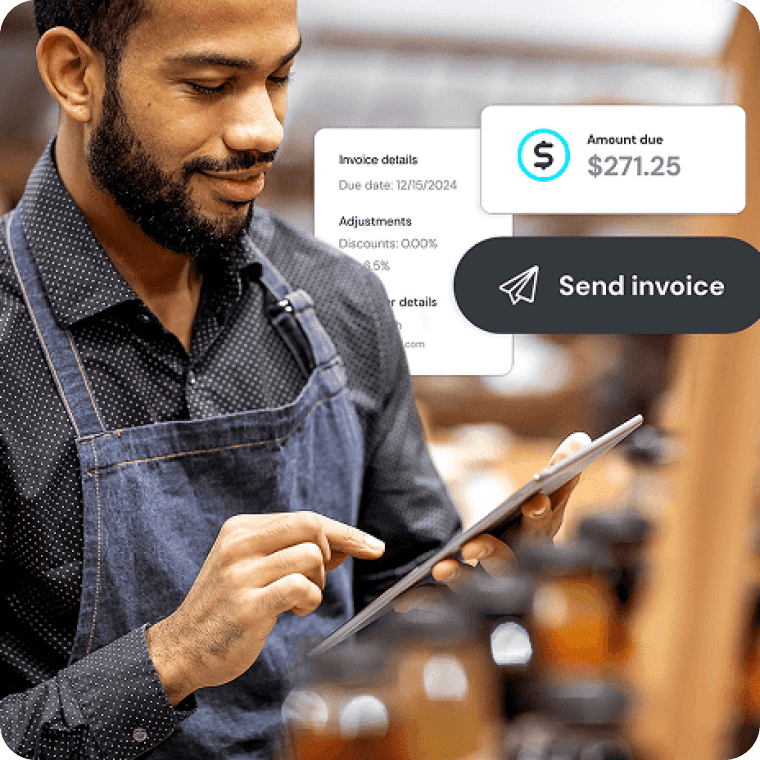 Small business owner automating invoicing on a mobile tablet. Popup screens show invoice details, adjustments and amount due.