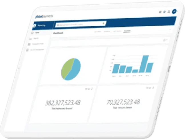 Tablette affichant le tableau de bord Global Payments avec les graphiques et les chiffres de vente.