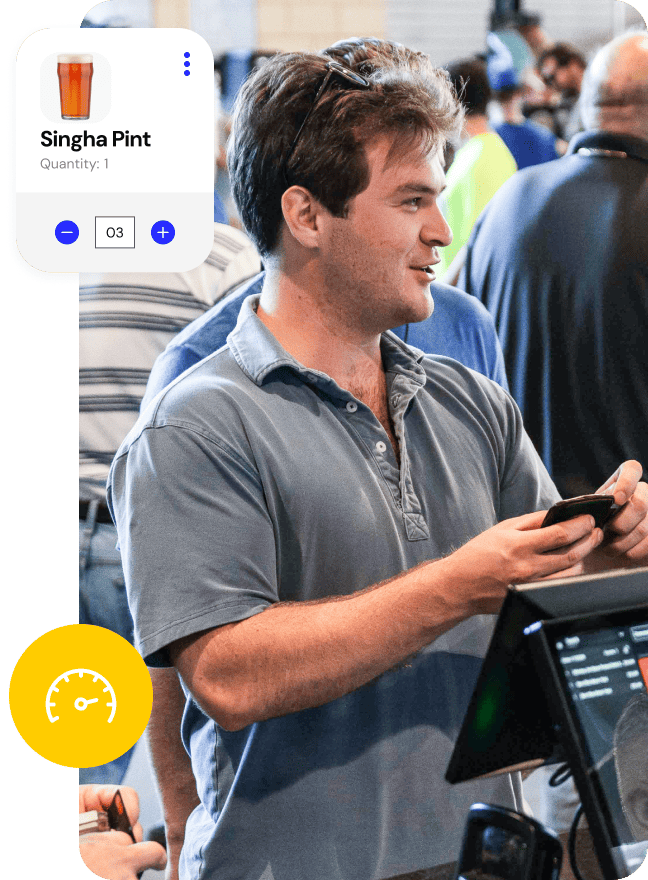 Group of fans in line at a stadium concession stand. A popup point of sale UI shows them being rung up for a Single Pint.