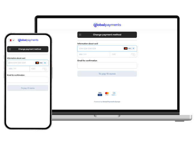 Global Payments online payment page shown on a mobile phone and laptop.