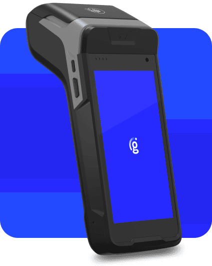 Handheld POS payment device with a blue touchscreen displaying a logo.