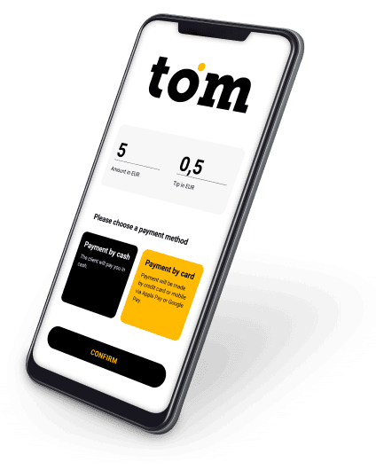 Smartphone displaying the TOM app payment method selection screen.