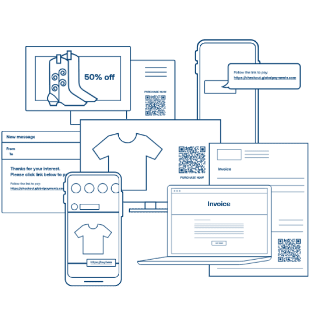 Graphic showing multi-channel payment options, QR codes, and digital invoices.