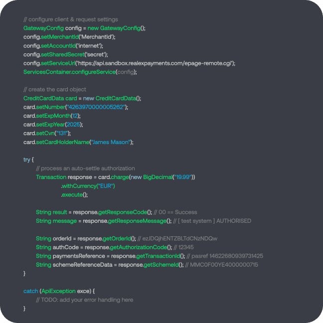 Java code sample for setting up a credit card transaction and handling API responses