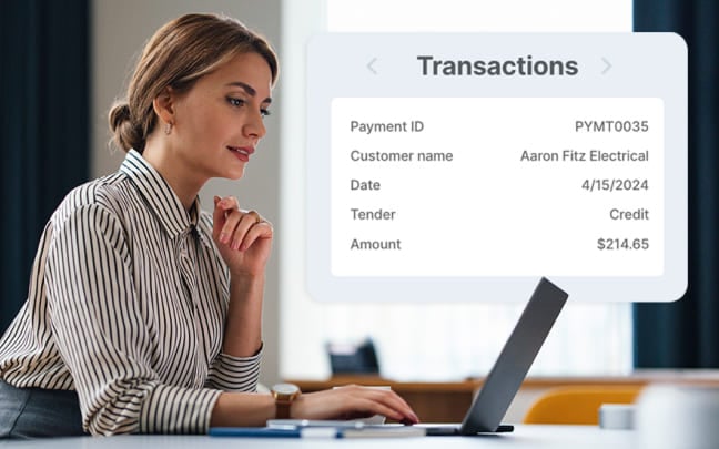 Woman using a laptop with an overlay showing transaction details.