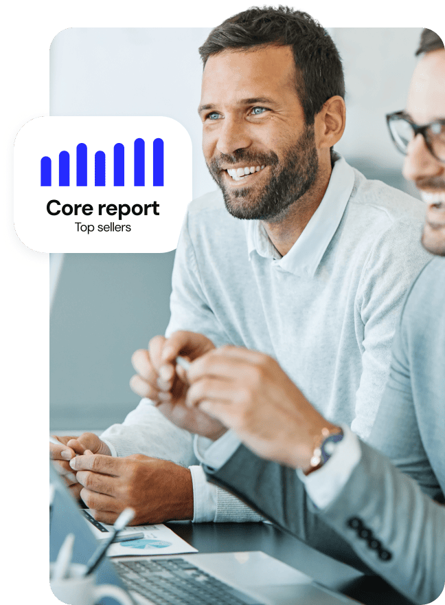 Two professionals collaborating at a desk, overlaying a sales report badge.