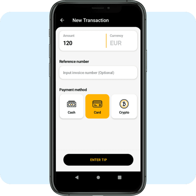 Smartphone screen displaying EUR payment selection for cash, card, and crypto.
