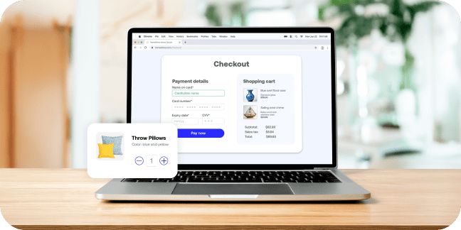 Laptop screen shows branded online checkout experience.