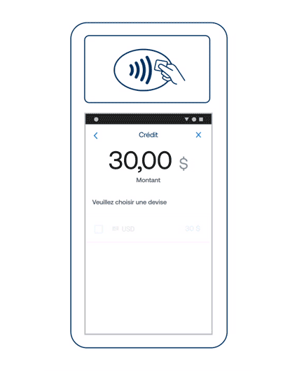 Animation graphique de l'écran d'un terminal de paiement invitant à sélectionner la devise pour une vente par carte de 30,00 $.