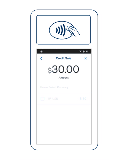 Animated Graphic of a payment terminal screen prompting currency selection for a $30.00 credit sale