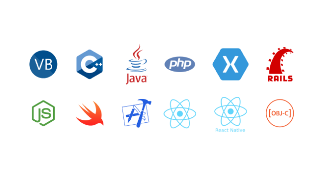 A collection of programming language and framework logos arranged in two rows.
