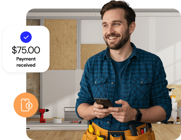 A man stands inside an area being renovated wearing a toolbelt holding a smart phone, with a graphic depicting “payment received” in the foreground.
