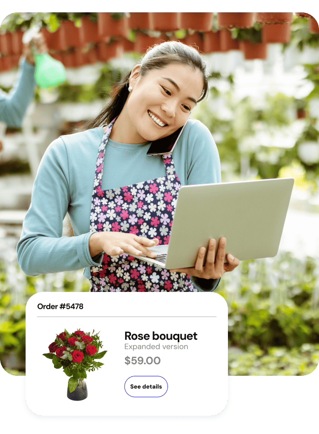 Smiling florist talking on a phone while using a laptop with a $59 rose bouquet order overlay.