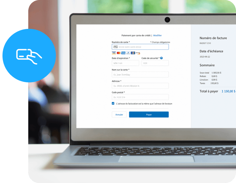Ordinateur portable affichant une page de paiement à côté d'une icône bleue de carte de crédit.