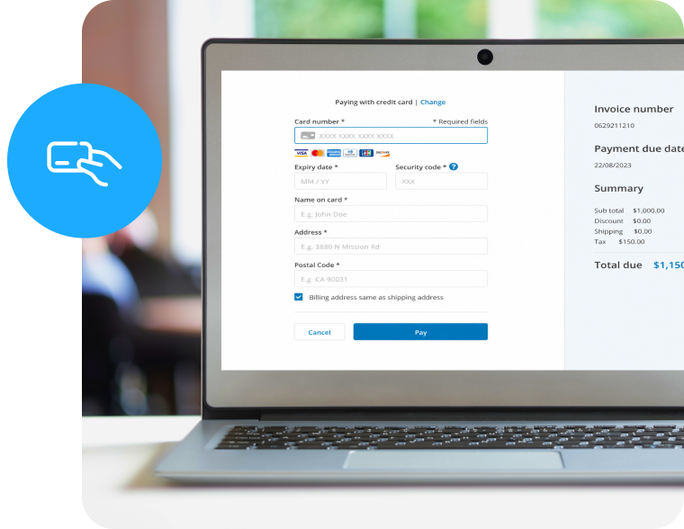 Laptop displaying a checkout page next to a blue credit card icon.