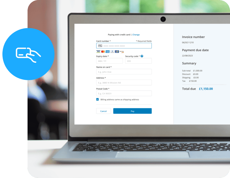 Laptop displaying a checkout page next to a blue credit card icon.