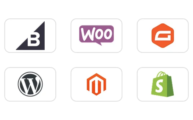Une grille de logos des principales plateformes de commerce électronique telles que WooCommerce, WordPress, Magento et Shopify.