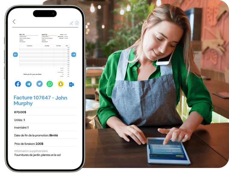 Un smartphone affichant une facture numérique est posé à côté d'une femme qui parle au téléphone et utilise une tablette.