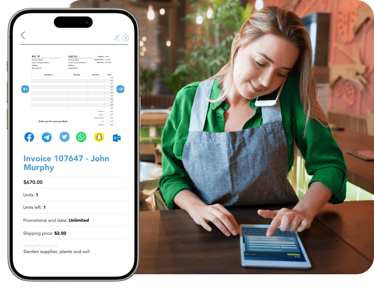 Smartphone showing a digital invoice beside a woman talking on the phone and using a tablet.