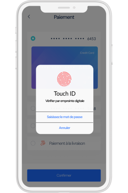 Écran de paiement d'une application mobile affichant une invite contextuelle pour s'authentifier par empreinte digitale