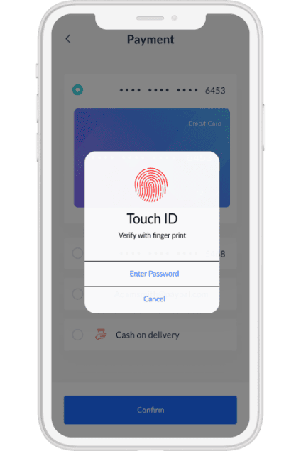 Mobile app payment screen displaying a pop-up prompt to verify with a fingerprint