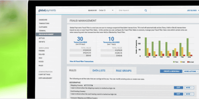 Laptop screen displaying a fraud management interface with data analytics charts