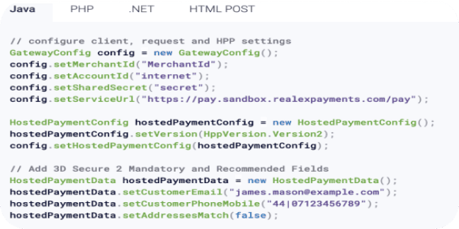 Java code snippet showing GatewayConfig and HostedPaymentConfig for Realex Payments