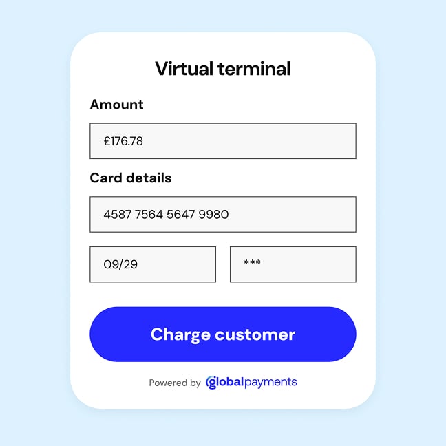 A virtual terminal screen showing amount and card detail fields with a “Charge customer” button.