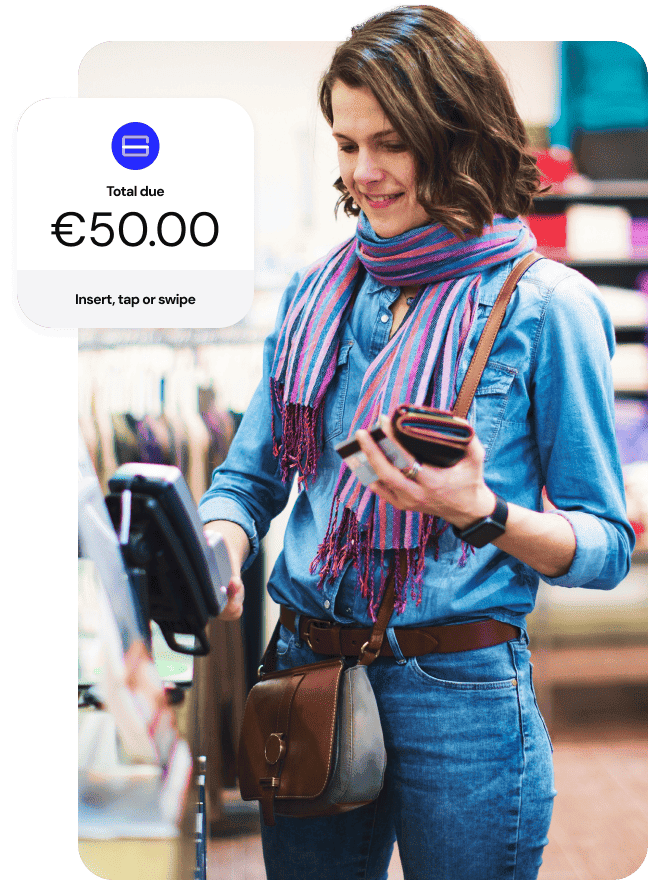 Woman paying at a retail checkout with a €50.00 total due screen overlay.