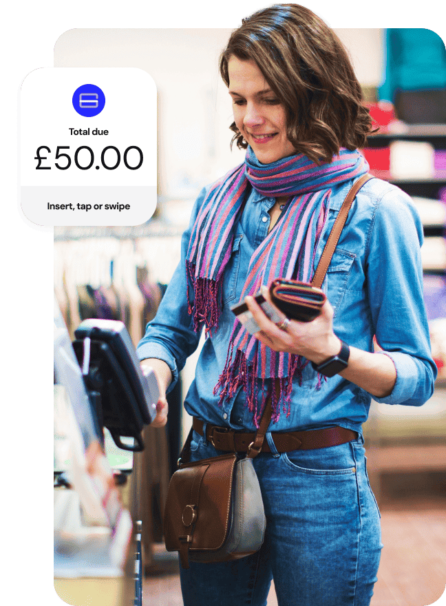 Woman paying at a retail checkout with a £50.00 total due screen overlay.