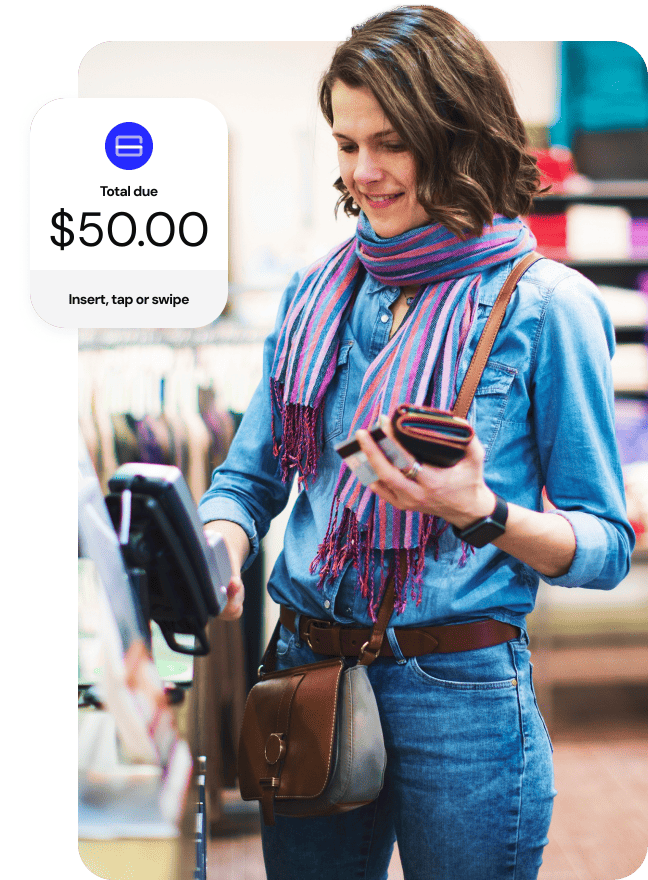 Woman paying at a retail checkout with a $50.00 total due screen overlay.