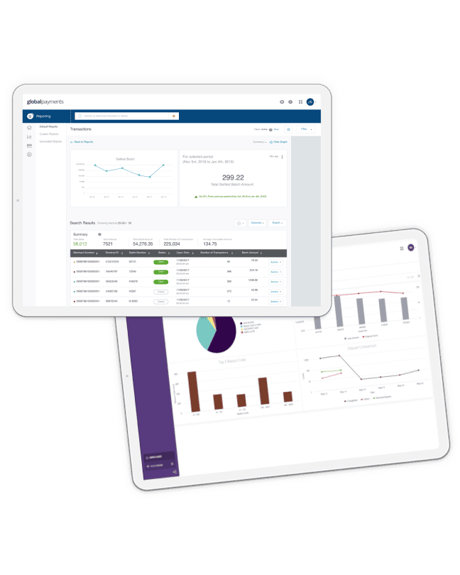 Global Payments reporting interface and analytics charts displayed across two digital tablets.