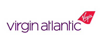 Virgin Atlantic logo with purple lowercase lettering and a red airplane tail fin graphic.