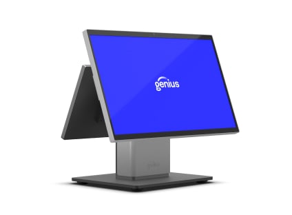 Dual-screen desktop POS terminal showing a white "g" logo on a blue screen.