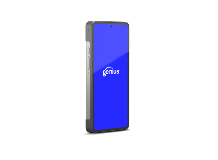 Portable smart card reader and receipt printer with a vibrant blue display screen.