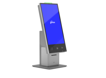 Standalone self-service checkout kiosk with a blue touchscreen and attached card reader.