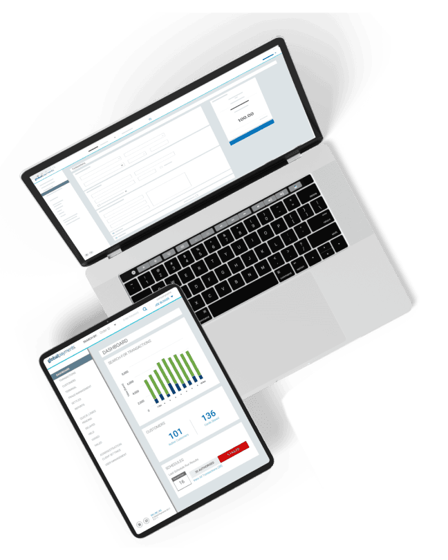 Laptop and tablet displaying Global Payments business dashboard screens.