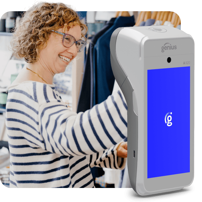 Mobile POS terminal overlaid on a photo of a smiling woman shopping in a clothing store.