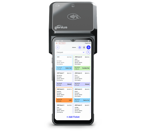 An image of a handheld point of sale device displaying guest tickets by table.