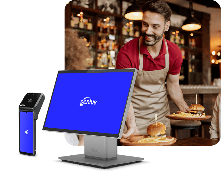 A server delivers burgers to a table, with an inset image of a countertop + handheld POS devices displaying the Genius logo.