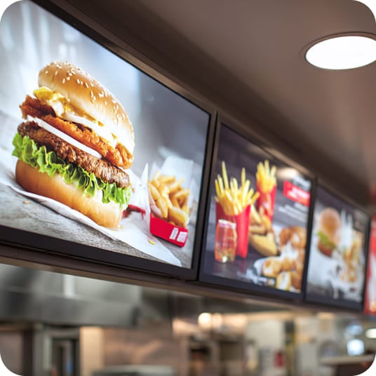 An image of an indoor digital menu board displaying burgers, fries and other food items.