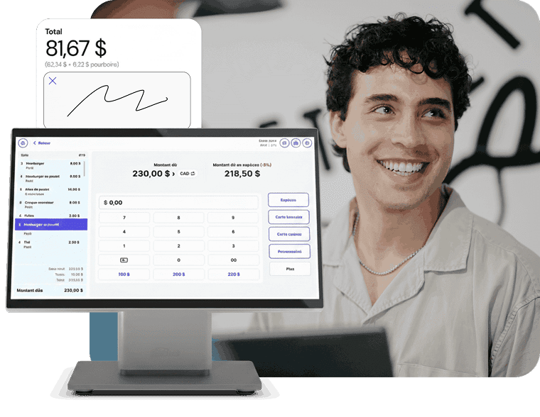 Person in a small retail business smiles next to a pop-out image of a countertop point of sale screen displaying transaction details.